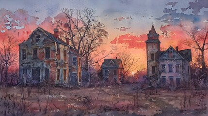 Eerie Watercolor Portrayal of Abandoned Dilapidated Buildings at Dusk