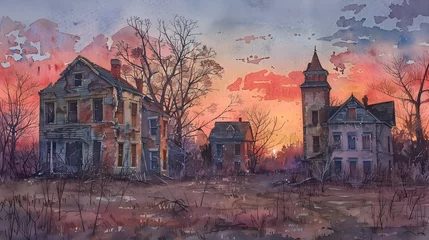 Schilderijen op glas Eerie Watercolor Portrayal of Abandoned Dilapidated Buildings at Dusk © Meta