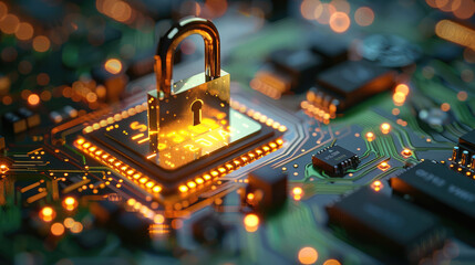 A golden padlock is floating above the computer chip, creating an atmosphere of security and data...