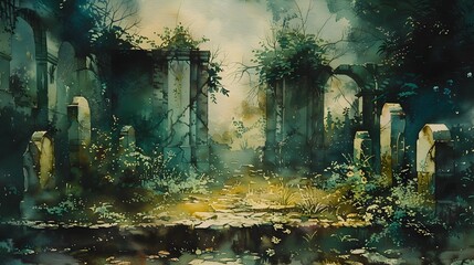 Overgrown and Mysterious Watercolor Garden with Sinister Undertones - obrazy, fototapety, plakaty