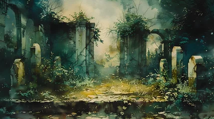 Fotobehang Overgrown and Mysterious Watercolor Garden with Sinister Undertones © Meta