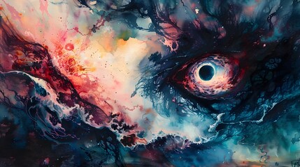 Captivating Cosmic Dreamscape:Surreal Watercolor Painting of a Disturbing Celestial Vision