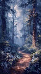 Fototapeta premium a winding path through a serene and mystical redwood forest The scene is shrouded in a hazy