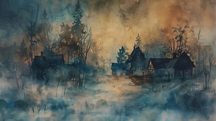 Ethereal Watercolor Depiction of an Abandoned Village Shrouded in Misty Solitude
