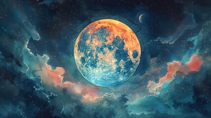 Surreal Cosmic Watercolor Landscape with Distorted Otherworldly Moon in Mystical Night Sky