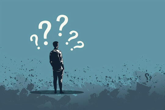 Silhouetted  and perplexed man with question marks on abstract background, symbolizing ignorance and inexperience