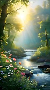 Tranquil river flowing through a sunlit forest, with butterflies fluttering among the trees, creating a serene natural landscape. Seamless looping 4k timelapse virtual video animation background gener