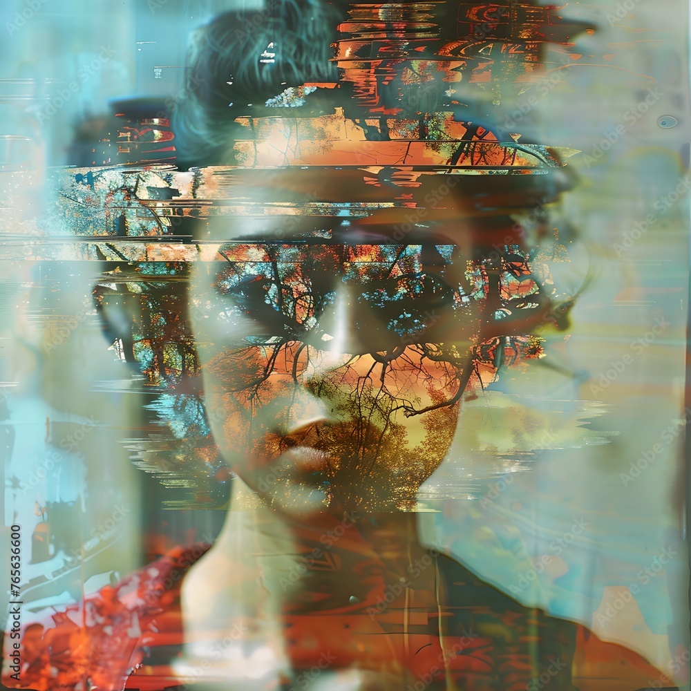 Poster abstract ai portrait with vivid colors and distorted facial features. conceptual digital art. perfec