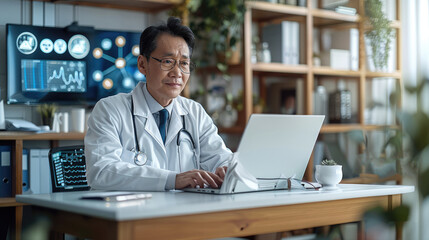 Fototapeta na wymiar A male doctor sitting at a desk in front of a laptop, Chinese male doctor. Generative AI.