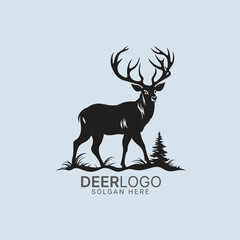 black and white deer logo in vector format. Perfect silhouette for hunting, clipart, designs, and impactful illustrations. Download now deer buck logo!