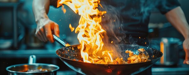Professional chef flips a searing stir-fry in a wok, flames engulfing the savory dish in a commercial kitchen