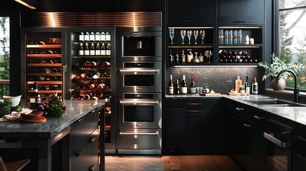 A dark modern residential kitchen with a built-in cabinet stainless steel wine cellar. Generative AI.