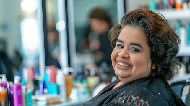 A Middle Eastern woman with Down syndrome smiling proudly while working as a hairdresser in a salon. Learning Disability