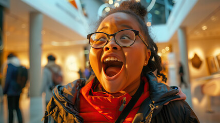 Obraz premium A biracial girl with Down syndrome expressing excitement and enthusiasm while working as a tour guide at a museum. Learning Disability