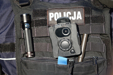 Kamera policyjna na mundurze policjanta. Kamera osobista. 