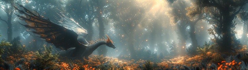 In a realm where mystical forests and celestial kingdoms blend dragons of light and shadow maintain the balance - obrazy, fototapety, plakaty