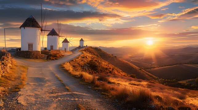 Scenic Sunset at Windmill Hill, Peaceful Countryside Landscape, Golden Hour Photography. Traditional Architecture Meets Nature. AI