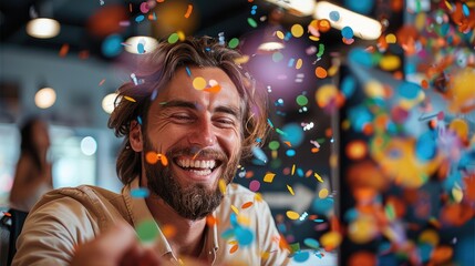 A happy guy in an office environment, sitting in front of a computer with confetti. Generative AI.