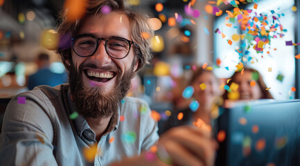 Obraz premium A happy guy in an office environment, sitting in front of a computer with confetti. Generative AI.