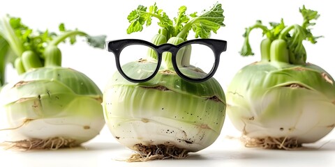 A whimsical depicting a kohlrabi vegetable dressed in a lab coat and glasses posing as a curious scientist conducting research in a laboratory - obrazy, fototapety, plakaty