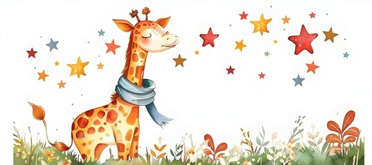 Naklejka premium Whimsical Giraffe Reaching for the Stars in a Colorful Meadow