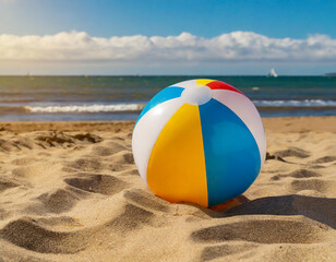 Obraz premium A beach ball lies abandoned on the sand, hinting at a day of fun in the sun.