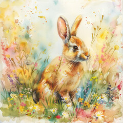 Watercolor colorful illustration of cute Easter bunny, seasonal greeting card - 765637644