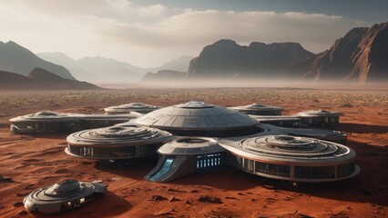 futuristic human colony in the Mars - obrazy, fototapety, plakaty