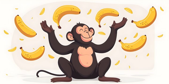 Playful Primate Juggles Bananas in Whimsical on White Background