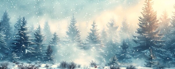 Enchanting Winter Wonderland:Tranquil Pine Forest Blanketed in First Snow,Soft Light Filtering Through - obrazy, fototapety, plakaty