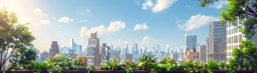 Lush Urban Rooftop Gardens Amidst the Towering Skyline,Showcasing a Vision of Sustainable City Living with Serene Natural Elements