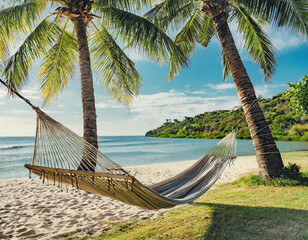 A hammock sways gently between two palm trees, inviting relaxation in the shade.