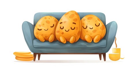 Fototapeta premium Cute Potato Characters Lounging Comfortably on a Cozy Sofa,Enjoying a Lazy Day at Home