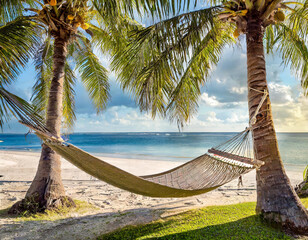 A hammock sways gently between two palm trees, inviting relaxation in the shade. - obrazy, fototapety, plakaty