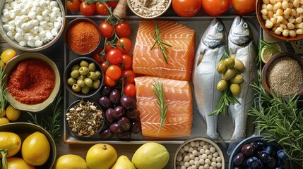 An overhead shot of a diet meal plan, including fish, olives, whole grains, and fresh fruits,...