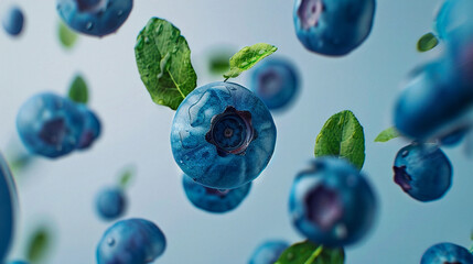 Blueberries and Mint Leafs Flying Through the Air on Bright Background, Dynamic Close-Up Shot, Healthy and Fresh, Ideal for Marketing Materials