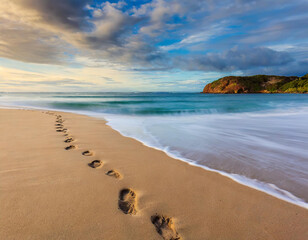 Footprints lead across a sandy beach towards the tranquil waters of the ocean. - obrazy, fototapety, plakaty