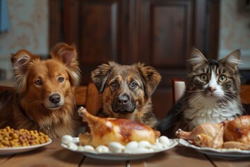 Dogs and Cats at a luxurious dining table