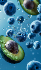 Avocado and Blueberries Floating in Water on Purple Background, Dynamic Close-Up Shot, Healthy and Fresh, Ideal for Marketing Materials