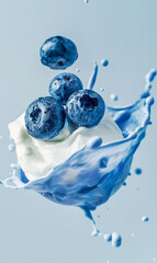 Blueberries Falling Into Cream and Blue Liquid on Bright Blue Background, Dynamic Close-Up Shot, Healthy and Fresh, Ideal for Marketing Materials