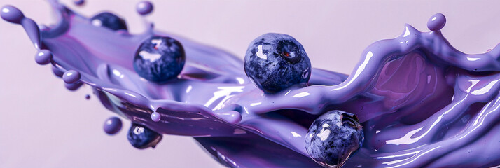 Close Up of Blueberries and Splashing Purple Liquid Floating in The Air on Bright Purple Background, Dynamic Close-Up Shot, Healthy and Fresh, Ideal for Marketing Materials