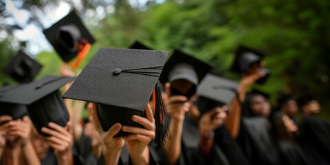 Obraz premium Graduation caps in the hands of students, thrown in the air. No face. Blurred background. 