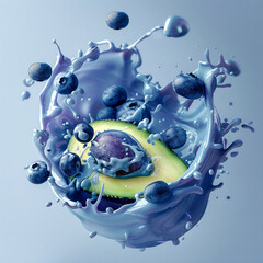 Avocado and Blueberries Splashing Into Purple Liquid and Floating in The Air on Bright Purple Background, Dynamic Close-Up Shot, Healthy and Fresh, Ideal for Marketing Materials
