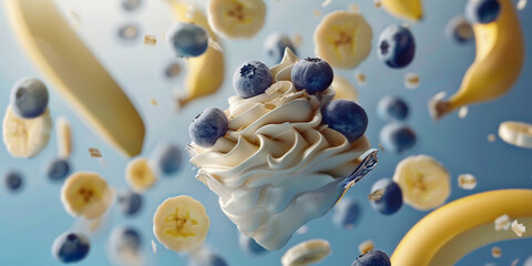 Ice Cream Sundae Surrounded by Floating Bananas and Blueberries on Bright Blue Background, Dynamic Close-Up Shot, Healthy and Fresh, Ideal for Marketing Materials