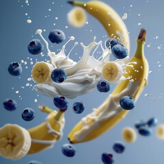 Bananas, Blueberries, and Yogurt Splash Floating in the Air on a Bright Blue Background, Dynamic Close-Up Shot, Healthy and Fresh, Ideal for Marketing Materials
