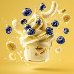 Ice Cream Sundae Surrounded by Floating Bananas and Blueberries on Bright Yellow Background, Dynamic Close-Up Shot, Healthy and Fresh, Ideal for Marketing Materials