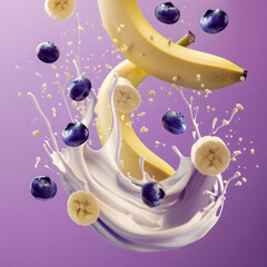 Bananas And Blueberries Splashing Into Yogurt and Floating in the Air on a Bright Purple Background, Dynamic Close-Up Shot, Healthy and Fresh, Ideal for Marketing Materials