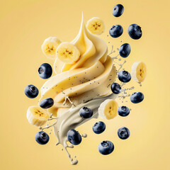 Banana and Blueberry Ice Cream Dessert Surrounded by Floating Bananas and Blueberries on Bright Yellow Background, Dynamic Close-Up Shot, Healthy and Fresh, Ideal for Marketing Materials