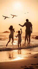 Fototapeta premium A family of four is playing in the ocean, with a man