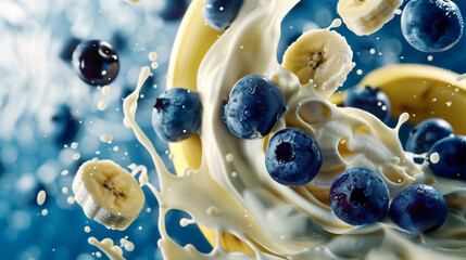 Blueberries, Milk and Bananas Floating in the Air on a Bright Blue Background, Dynamic Close-Up Shot, Healthy and Fresh, Ideal for Marketing Materials